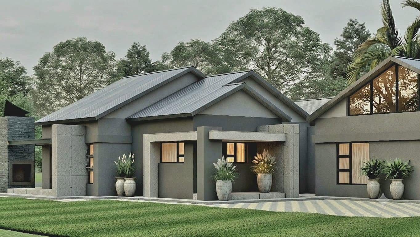 Charcoal gable home with covered entrance and planters