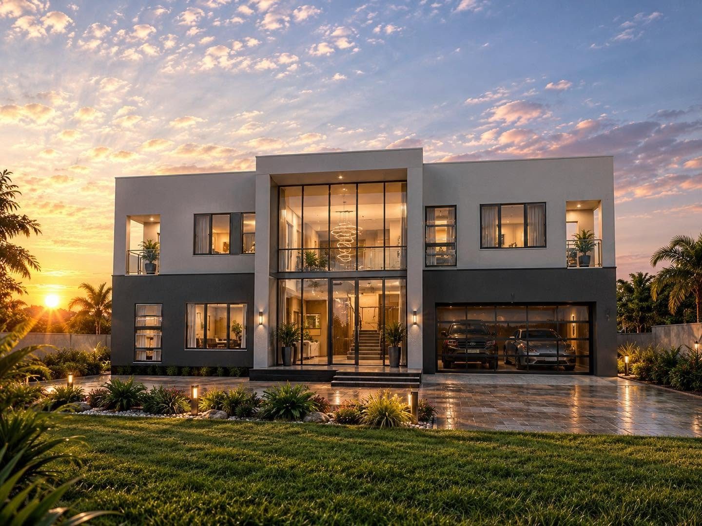 Contemporary double-storey home at sunset with landscaped garden