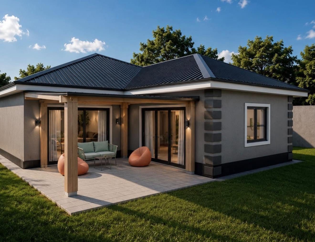 Covered patio with timber pergola, paving and lawn