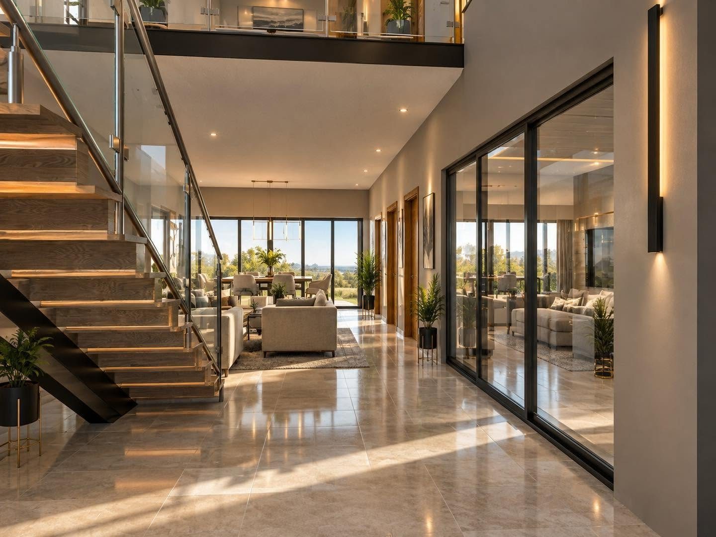 Double-volume entrance hall with floating timber staircase and glass balustrade