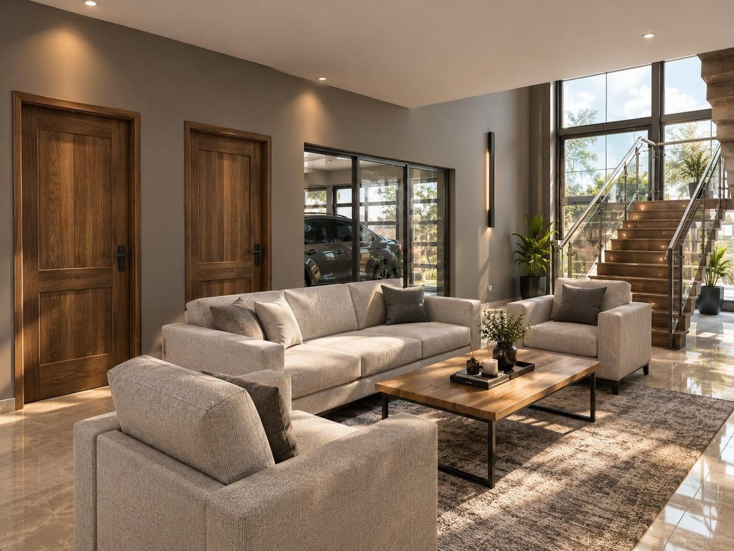 Lounge with timber doors, feature lighting and glass staircase