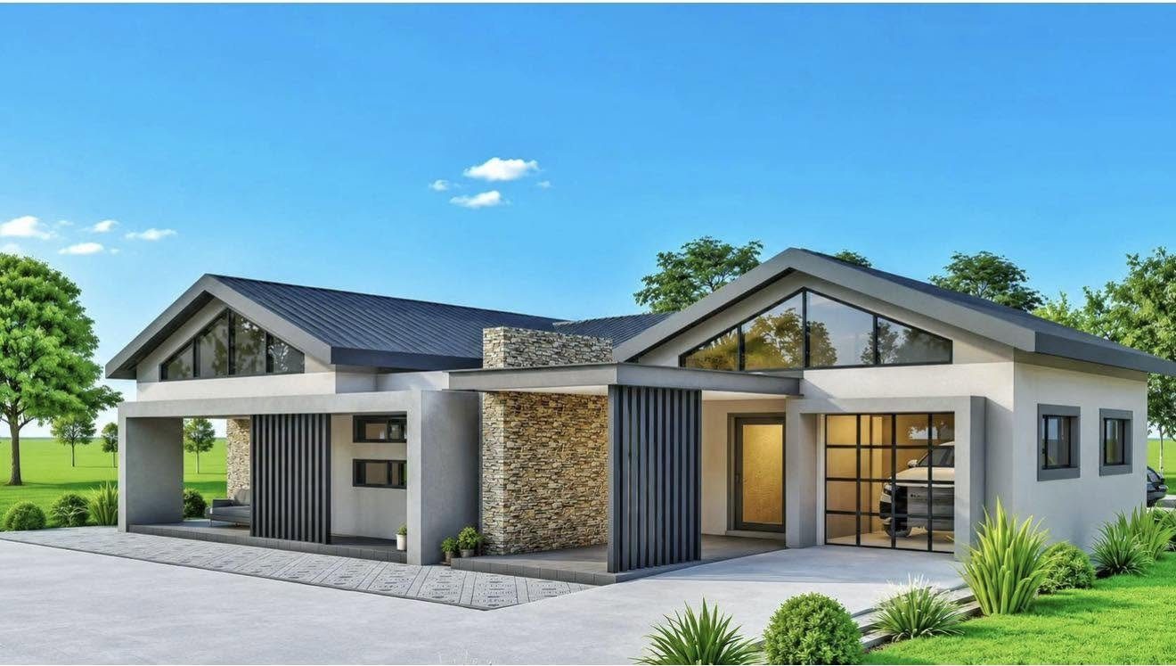 Modern gable home with stone feature wall