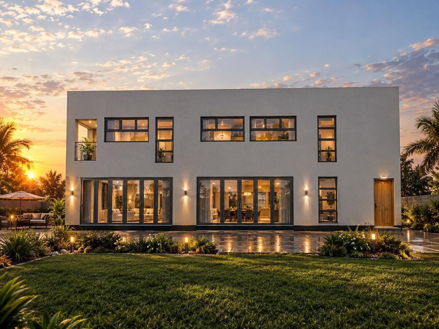 Rear of a modern home at dusk with landscaped garden and patio lighting