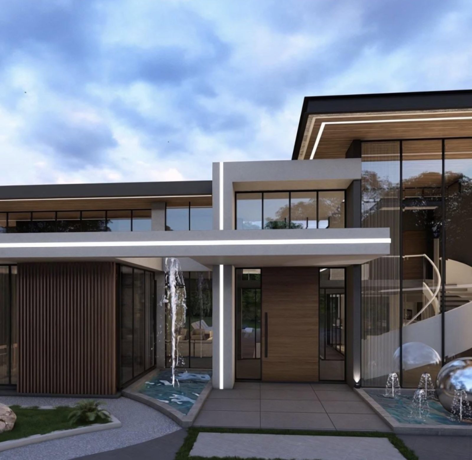 The Signature Villa: statement entrance with water features and full-height glass